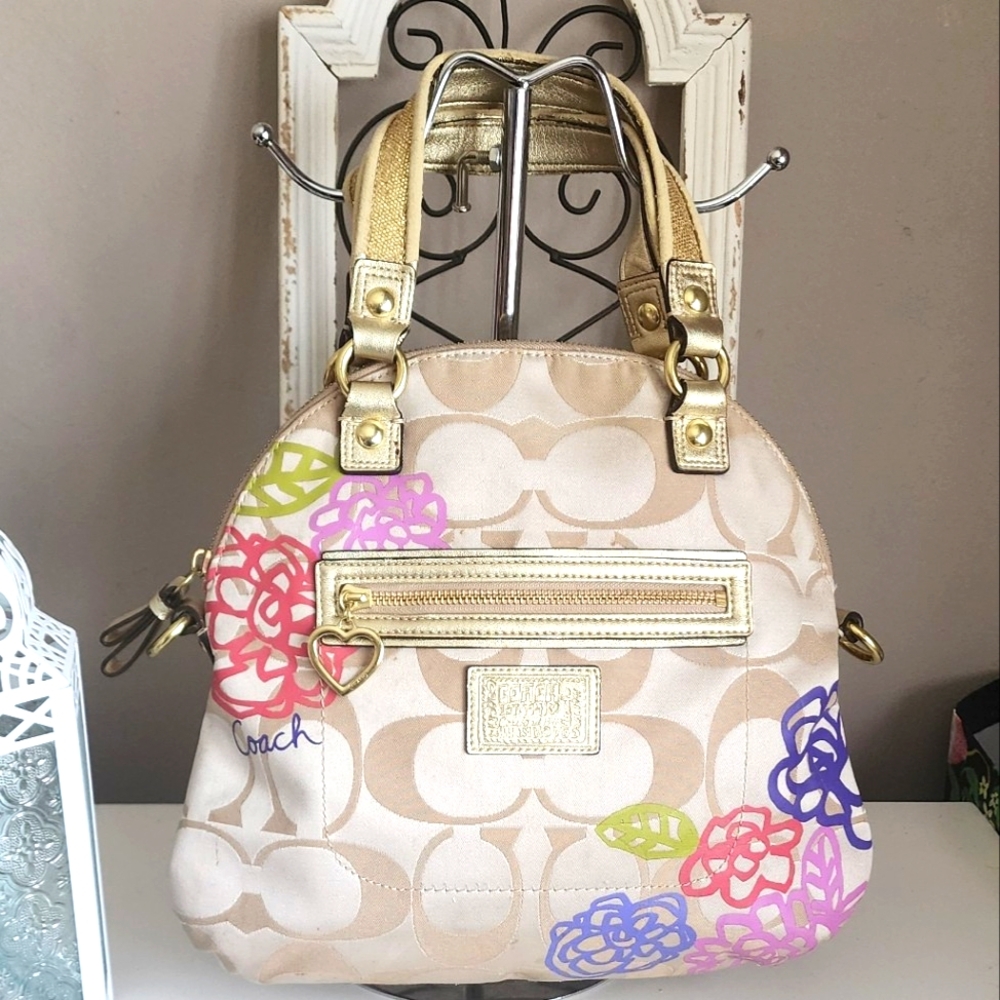Coach Poppy Floral Crossbody Satchel Beige Gold Pink And Purple Women's Bag
